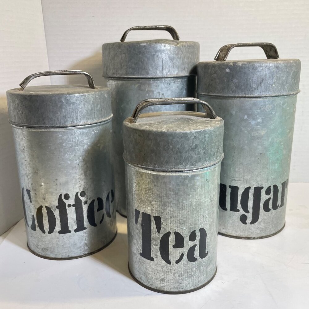 Vintage Vandor Imports Galvanized Metal Canister Set For Coffee Tea Sugar & Flou